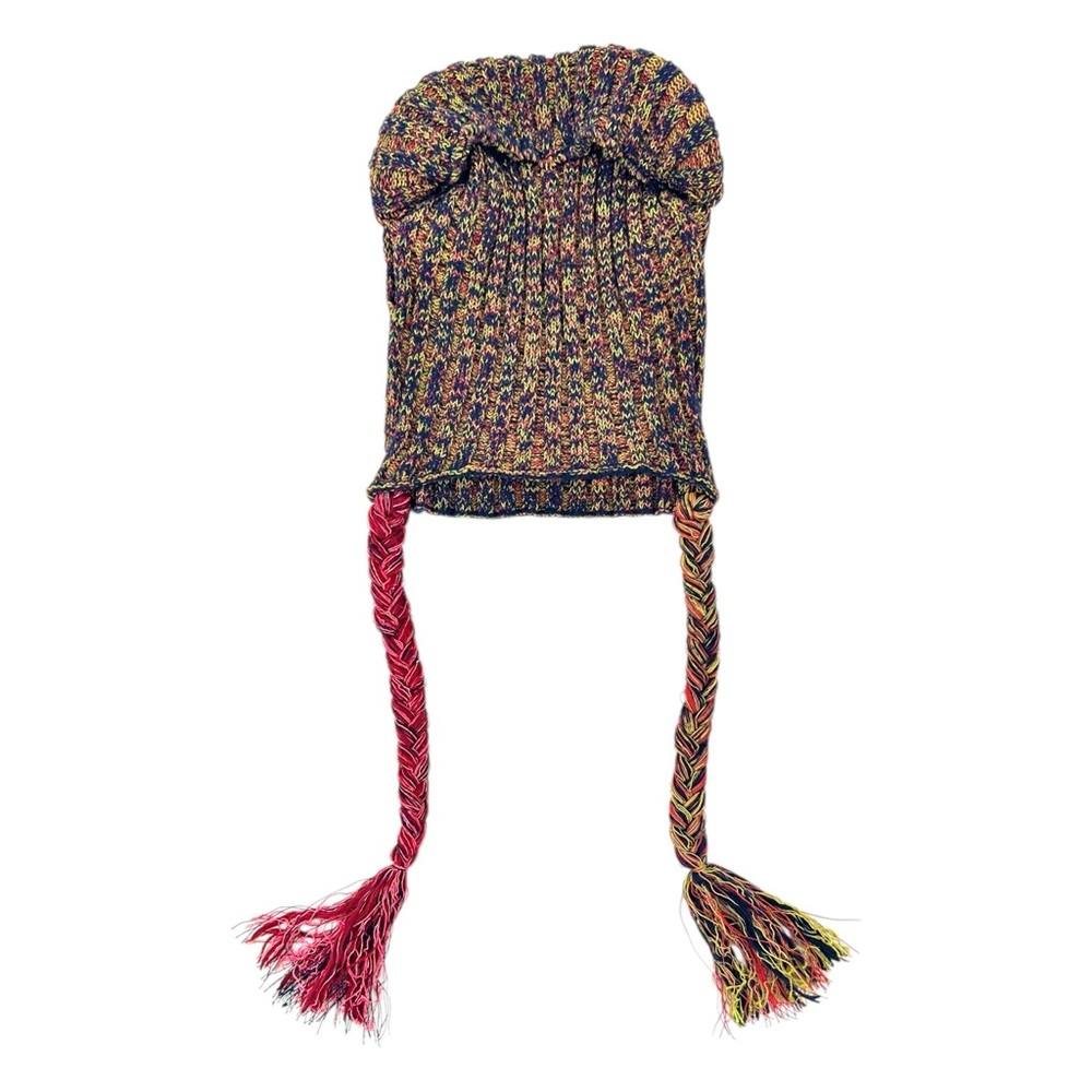 NWT YanYan Knits "Leon" Multicolor Blue Green Pink Knit Tassel Beanie Hat